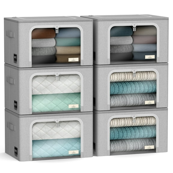 Sorbus Stackable Storage Bins with Metal Frame  Foldable Clothes Organizer Bags with Clear Window & Handles  Fabric Storage Containers for Bedding, Linen, Clothing  Gray, 6-Pack