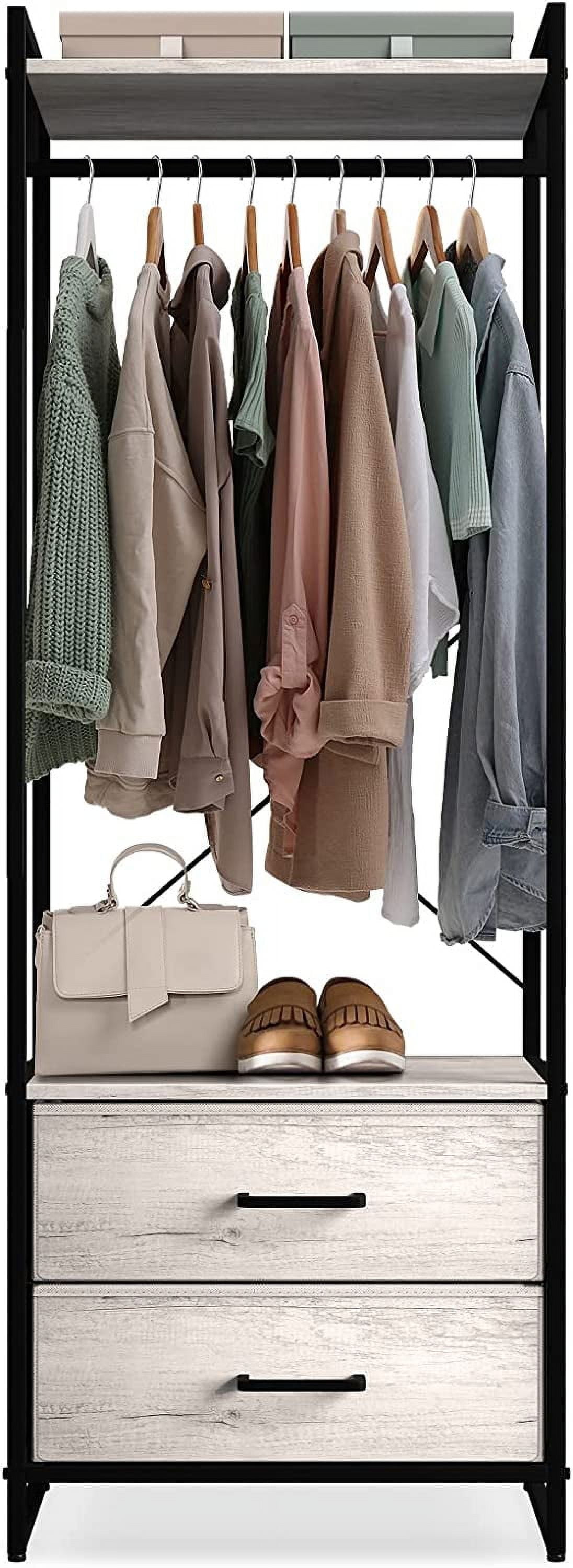 Portable Black Steel Clothing Rack with Wood Drawers