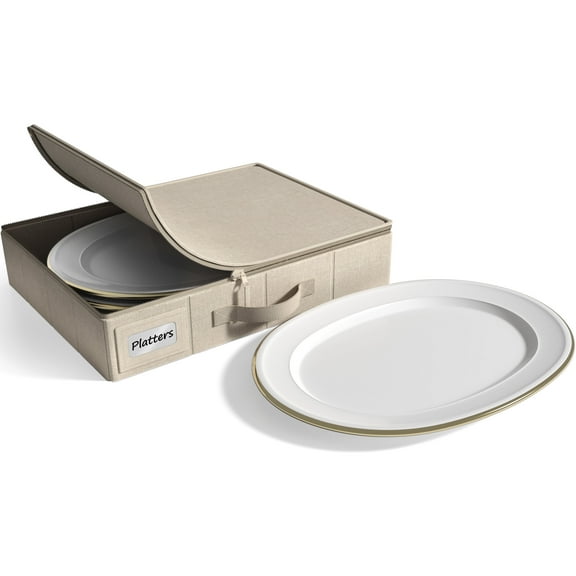 Sorbus China Storage Containers with Lid – Dinnerware Organizer for Platter Storage, Holds Service for 12, Felt Protectors Included, Beige