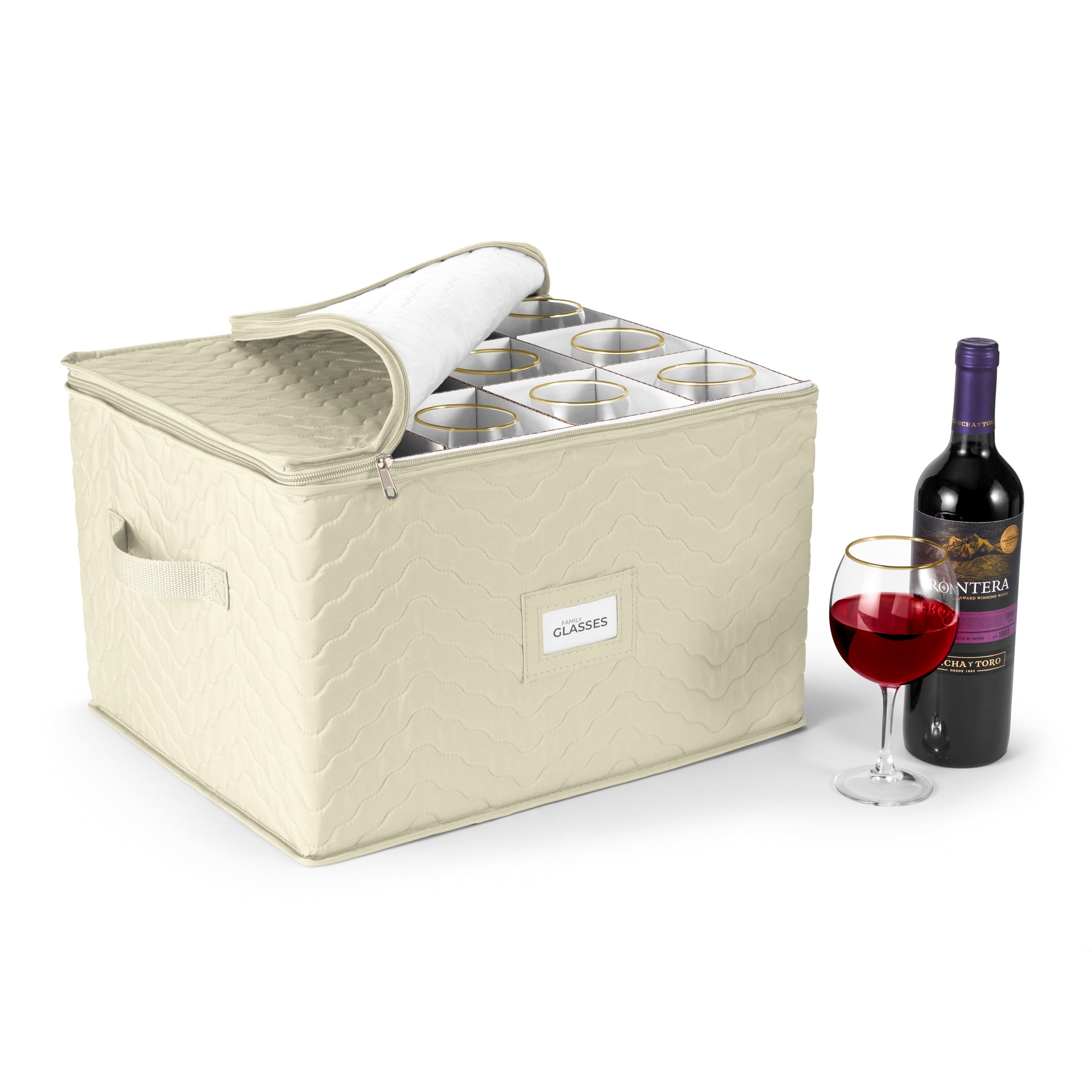 Beige Quilted Fabric Stemware Storage Chest with Dividers