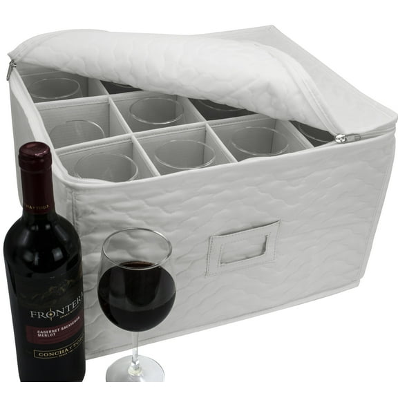 Sorbus Stemware Storage Chest - Deluxe Quilted Case with Dividers - Service for 12 - Great for Protecting or Transporting Wine Glasses, Champagne Flutes, Goblets, and more (Beige)