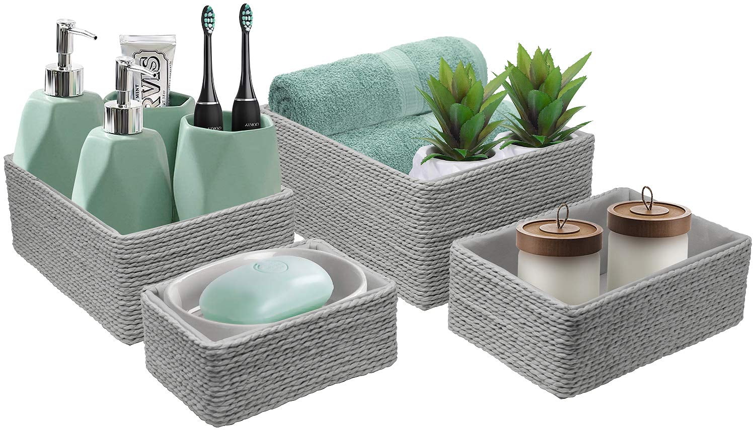 Sorbus Storage Baskets 4-Piece Set - Stackable Woven Basket Paper Rope Bin Boxes for Makeup, Bathroom, Office Supplies, Bedroom, Closet (Gray)