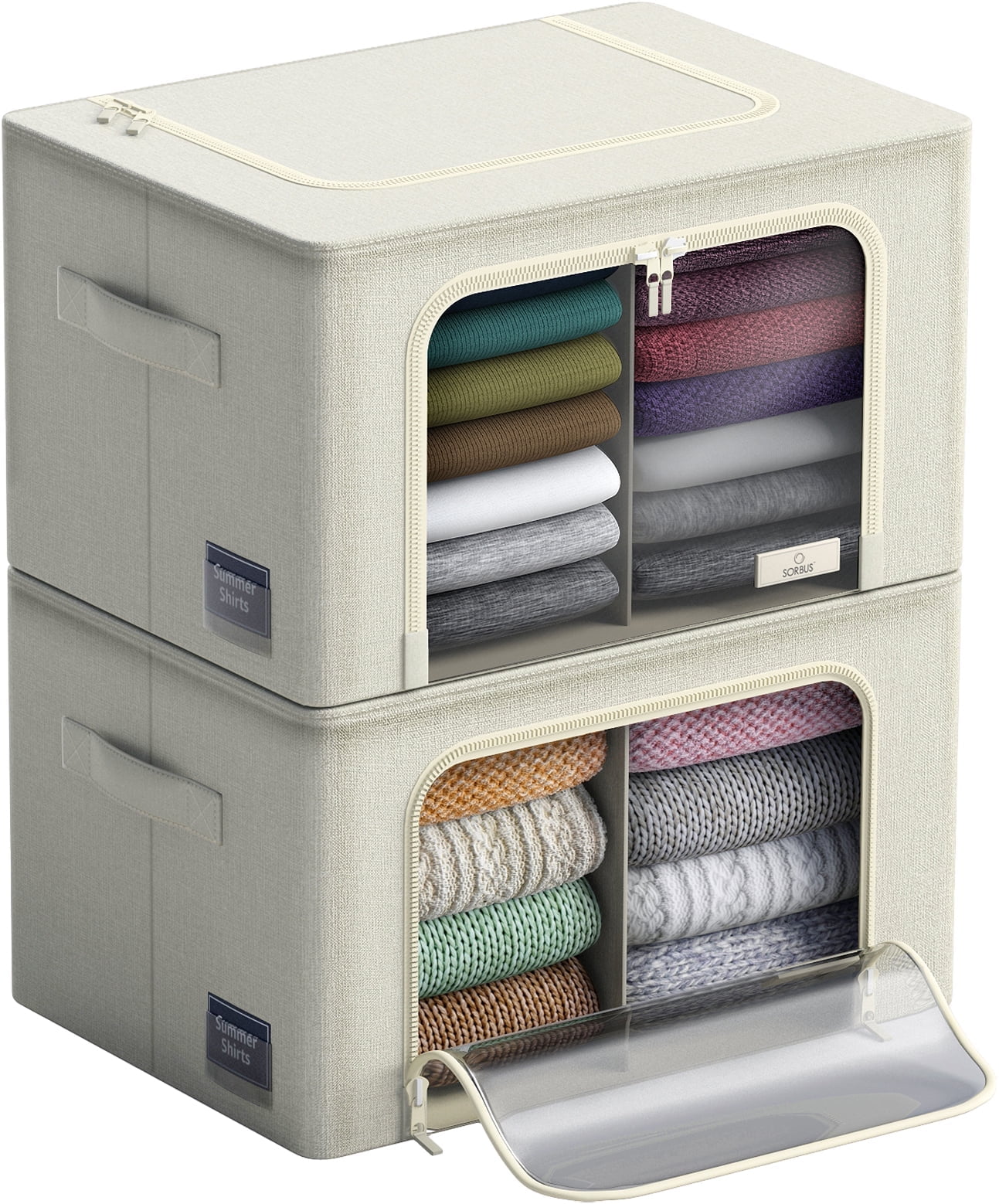 Sorbus Foldable Stackable Storage Bin Set, Divided Interior, Clear Window & Carry Handles, Organizer Baskets for Bedding & Clothes
