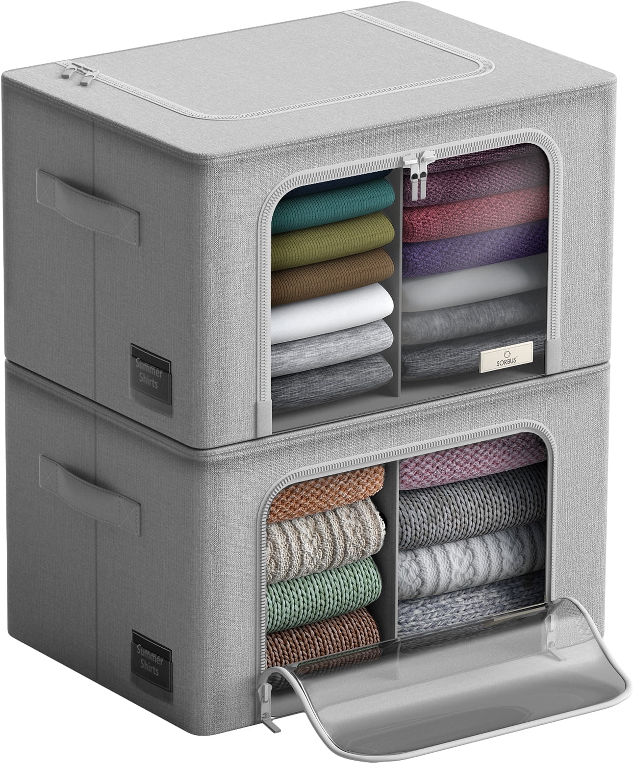 Sorbus Storage Bin Set with Divided Interior, Foldable Stackable Container Organizer Basket, Gray