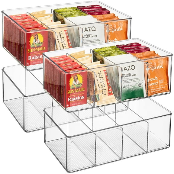 Sorbus Storage Bins with Dividers - Clear Plastic Organizer - Store Tea Bags, Spices, Seasonings, Drink Packets, Oatmeal - Snack Storage & Display Containers for Kitchen & Pantry- 4 Pack