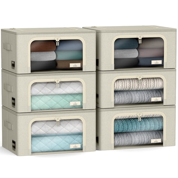 Sorbus Oxford Fabric Storage Bins: Stackable, Foldable Organizer Bags, with Clear Window (Set of 6), Beige