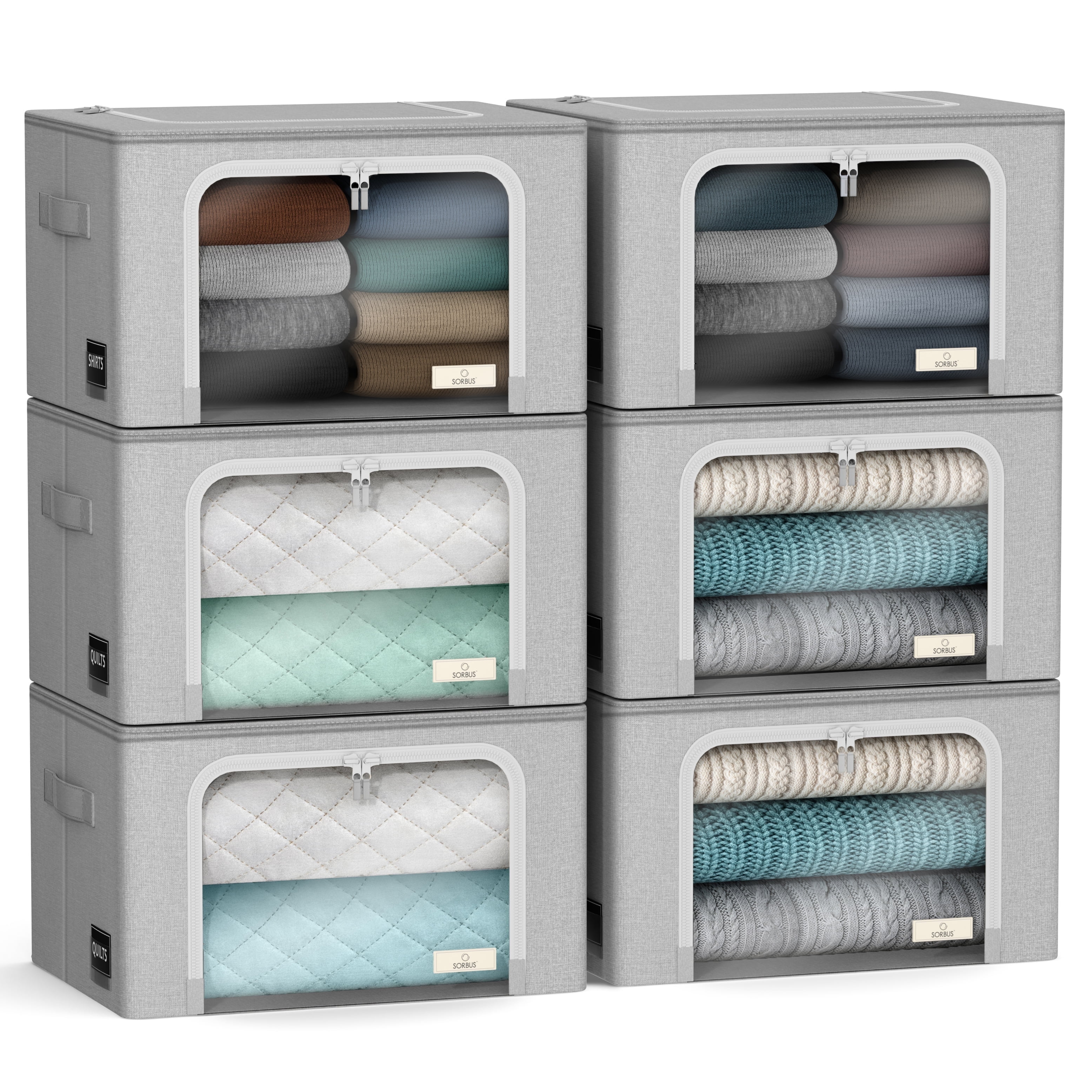 Sorbus Stackable Storage Bins, Fabric Organizer Bags with Window and Handles for Kids and Adults, 6Pk, Gray