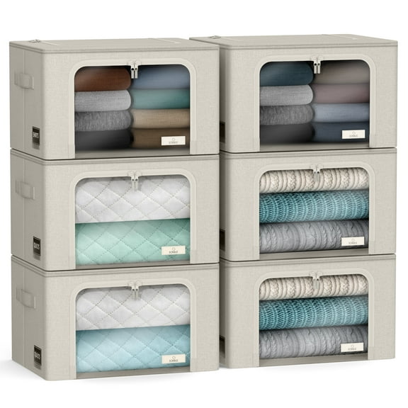 Sorbus Stackable Storage Bins, Fabric Organizer Bags with Window and Handles for Kids and Adults, 6Pk, Beige