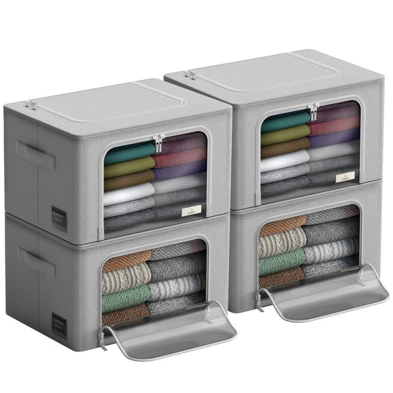 Sorbus Stackable Storage Bins, Fabric Organizer Bags with Window and Handles for Kids and Adults, 4Pk, Gray