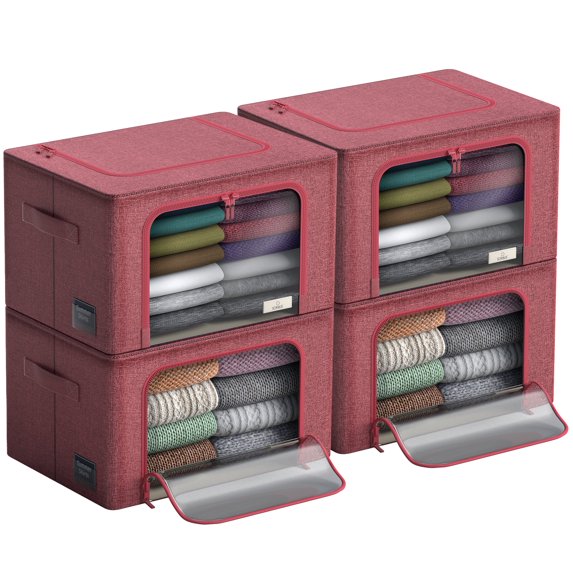 Sorbus Stackable Storage Bins, Fabric Organizer Bags with Window and Handles for Kids and Adults, 4Pk, Pink