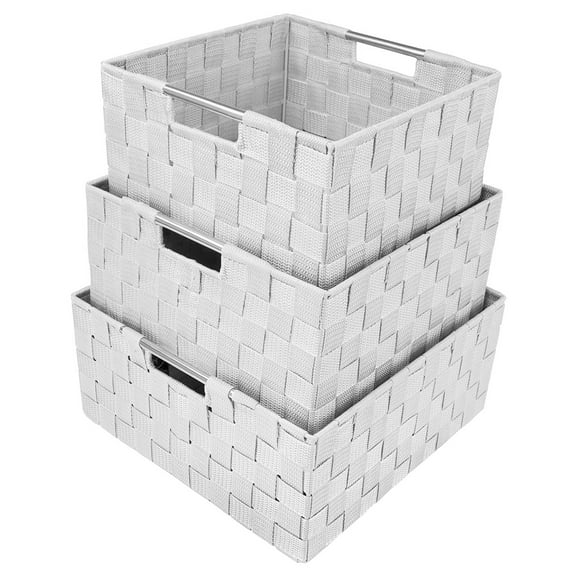 Sorbus Storage Box Woven Basket Bin Container Tote Cube Organizer Set Stackable Storage Basket Woven Strap Shelf Organizer Built-In Carry Handles (White)