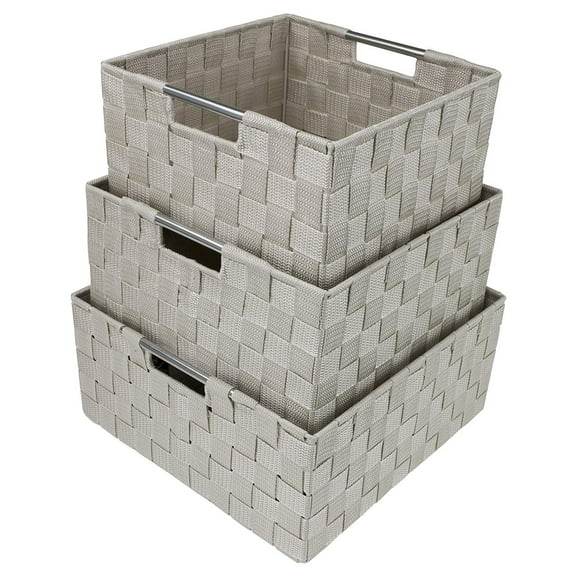 Sorbus Storage Box Woven Basket Bin Container Tote Cube Organizer Set Stackable Storage Basket Woven Strap Shelf Organizer Built-In Carry Handles (Woven Basket Set - 3 Piece, Beige)