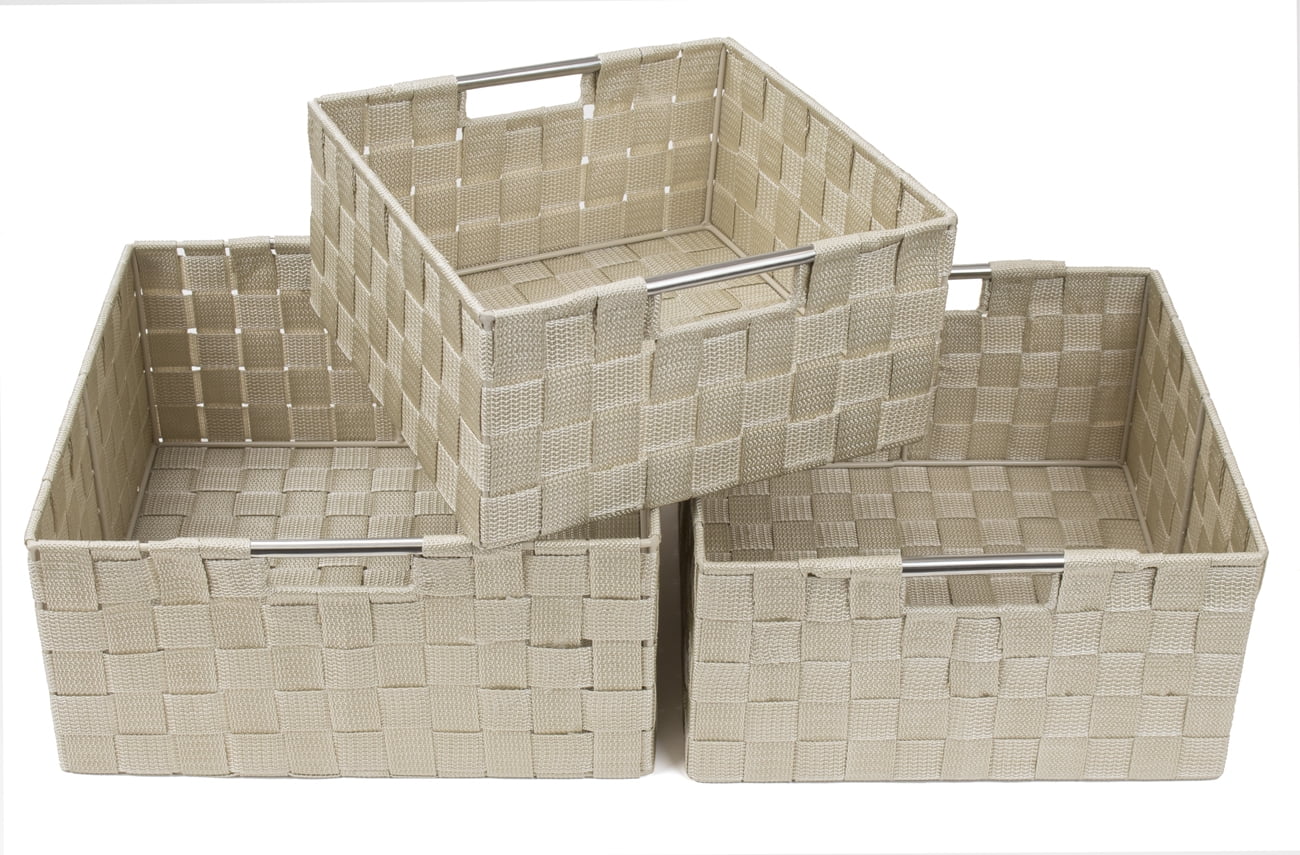 Sorbus Storage Box Woven Basket Bin Container Tote Cube Organizer Set Stackable Storage Basket Woven Strap Shelf Organizer Built-In Carry Handles (Woven Basket Set - 3 Piece, Beige)
