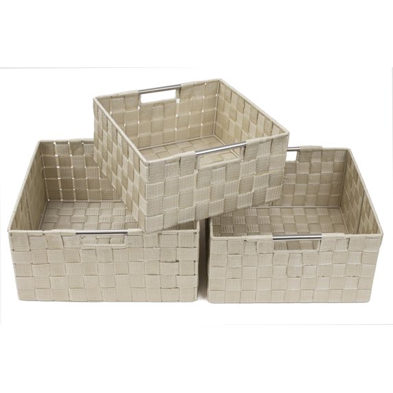 Sorbus Storage Box Woven Basket Bin Container Tote Cube Organizer Set Stackable Storage Basket Woven Strap Shelf Organizer Built-In Carry Handles (Woven Basket Set - 3 Piece, Beige)