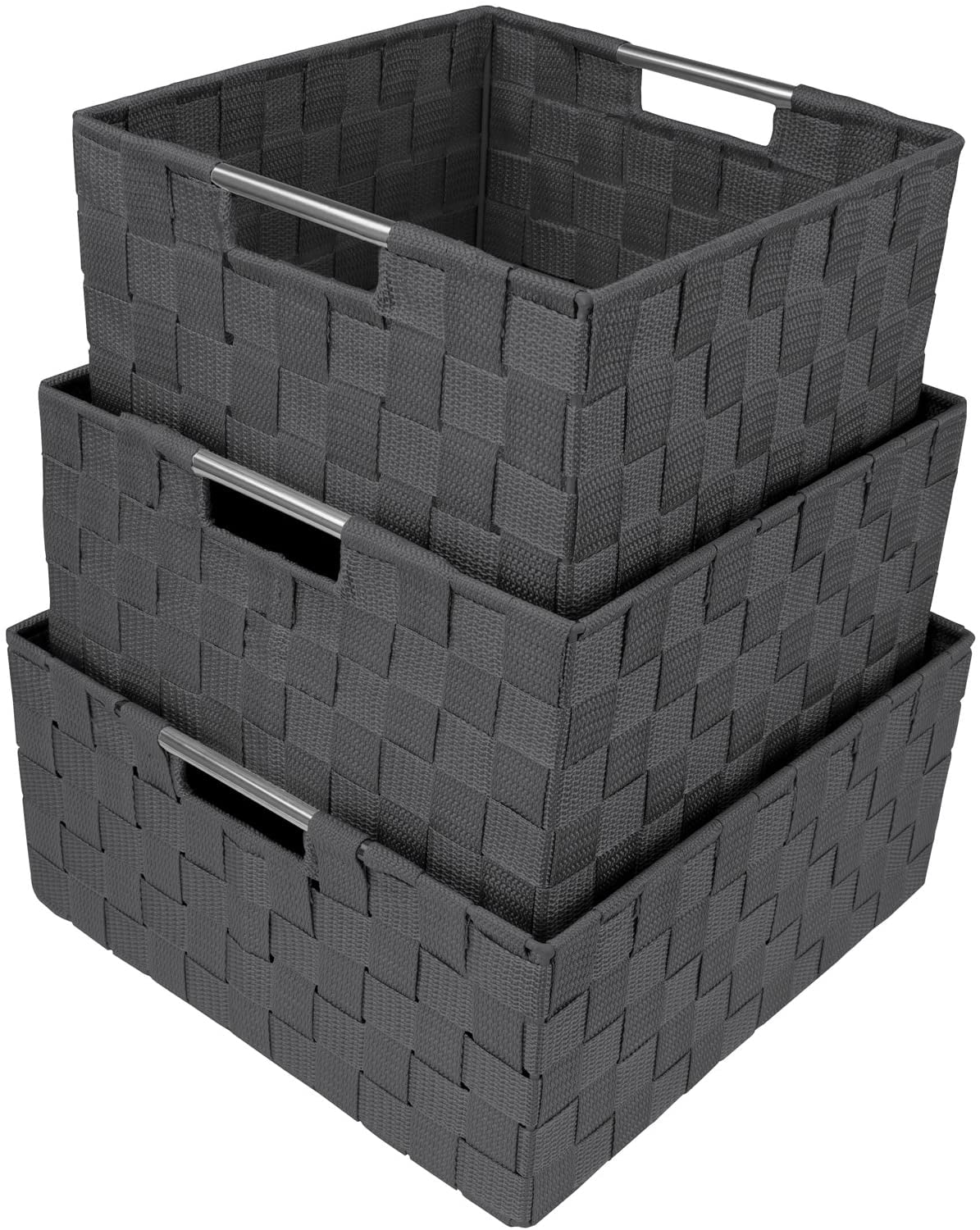 Sorbus Storage Box Woven Basket Bin Container Tote Cube Organizer Set Stackable Storage Basket Woven Strap Shelf Organizer Built-In Carry Handles (Woven Basket Set - 3 Piece, Gray)