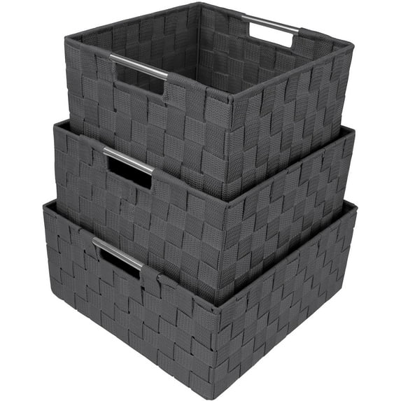 Sorbus Storage Box Woven Basket Bin Container Tote Cube Organizer Set Stackable Storage Basket Woven Strap Shelf Organizer Built-In Carry Handles (Woven Basket Set - 3 Piece, Gray)