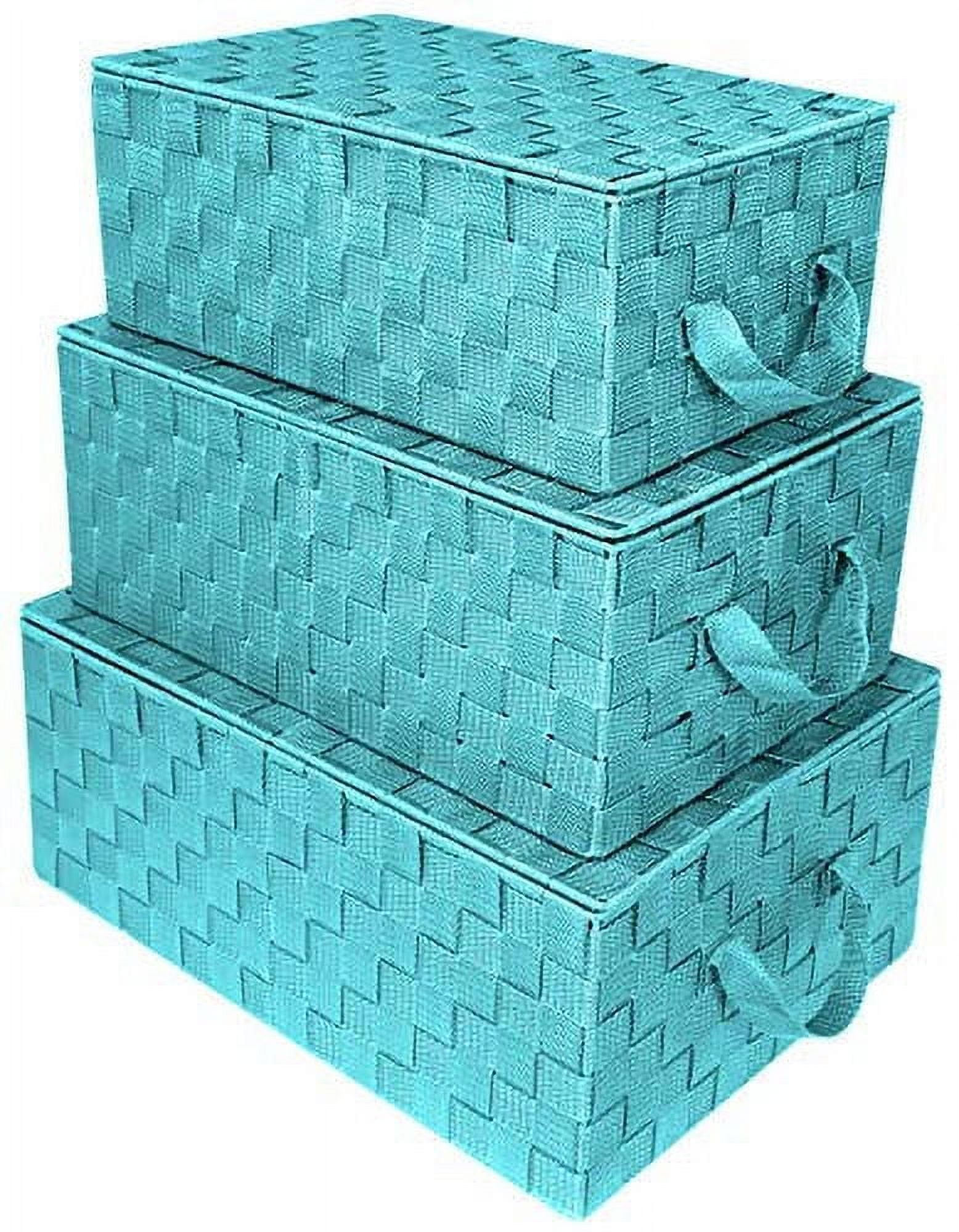 Sorbus Storage Box Woven Basket Bin Container Tote Cube Organizer Set Stackable Storage Basket Woven Strap Shelf Organizer Built-in Carry Handles (Woven Lid Baskets - Aqua)
