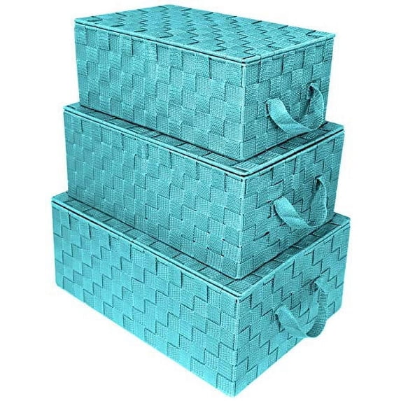 Sorbus Storage Box Woven Basket Bin Container Tote Cube Organizer Set Stackable Storage Basket Woven Strap Shelf Organizer Built-in Carry Handles (Woven Lid Baskets - Aqua)