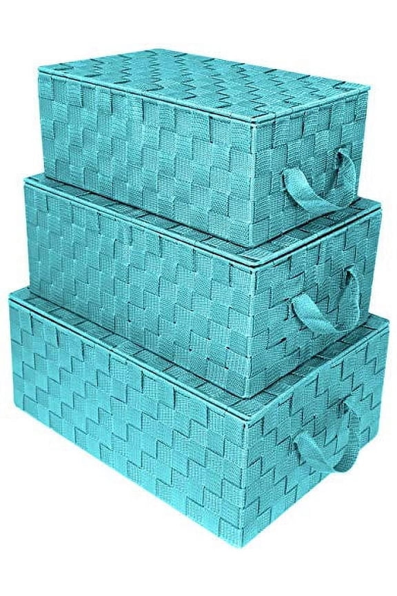 Storage Box Woven Basket Bin Container Tote Cube Organizer Set Stackable Storage Basket Woven Strap Shelf Organizer Built-in Carry Handles (Woven Lid Baskets - Aqua)
