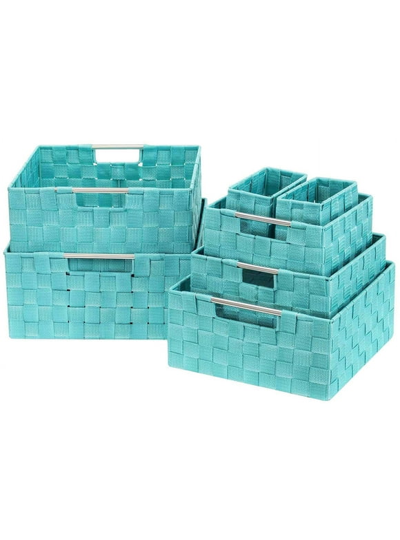 Sorbus Storage Box Woven Basket Bin Container Tote Cube Organizer Set Stackable Storage Basket Woven Strap Shelf Organizer Built-in Carry Handles (7 Piece - Aqua)