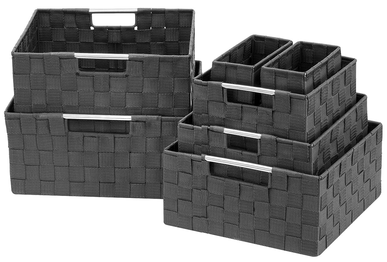 Gray Hand-Woven Mesh Storage Basket Set with Handles