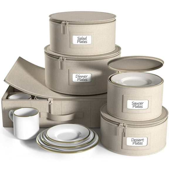 Sorbus Sturdy China Dinnerware Storage Set - Hard Shell Holder for Round Plates & Cups - 5 Piece Set, 12 Servings (Beige)