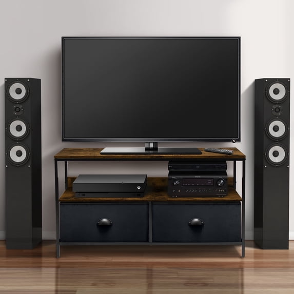 Sorbus TV Stand Cabinet Entertainment Center 25-50 Inch - Living Room Media Console Table, Steel Frame, Wood Top, Fabric Bins (Rustic/Black)