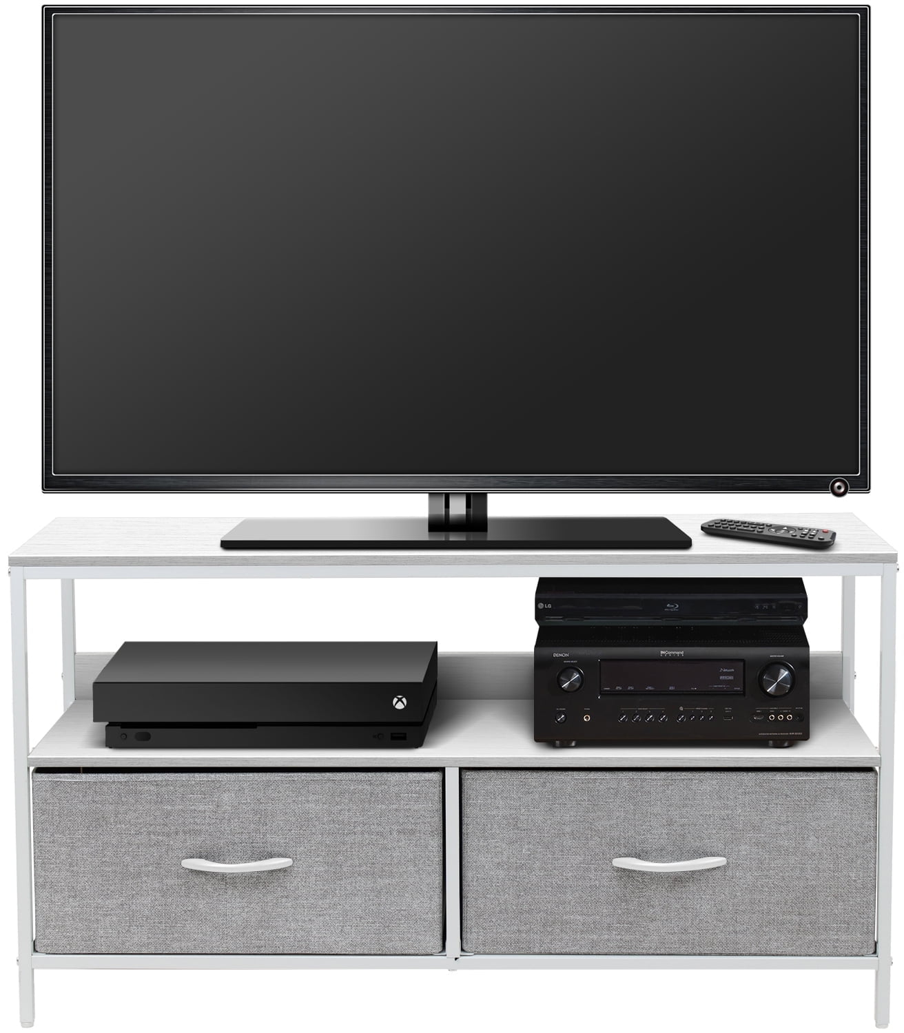White Steel Frame TV Stand with Fabric Drawers