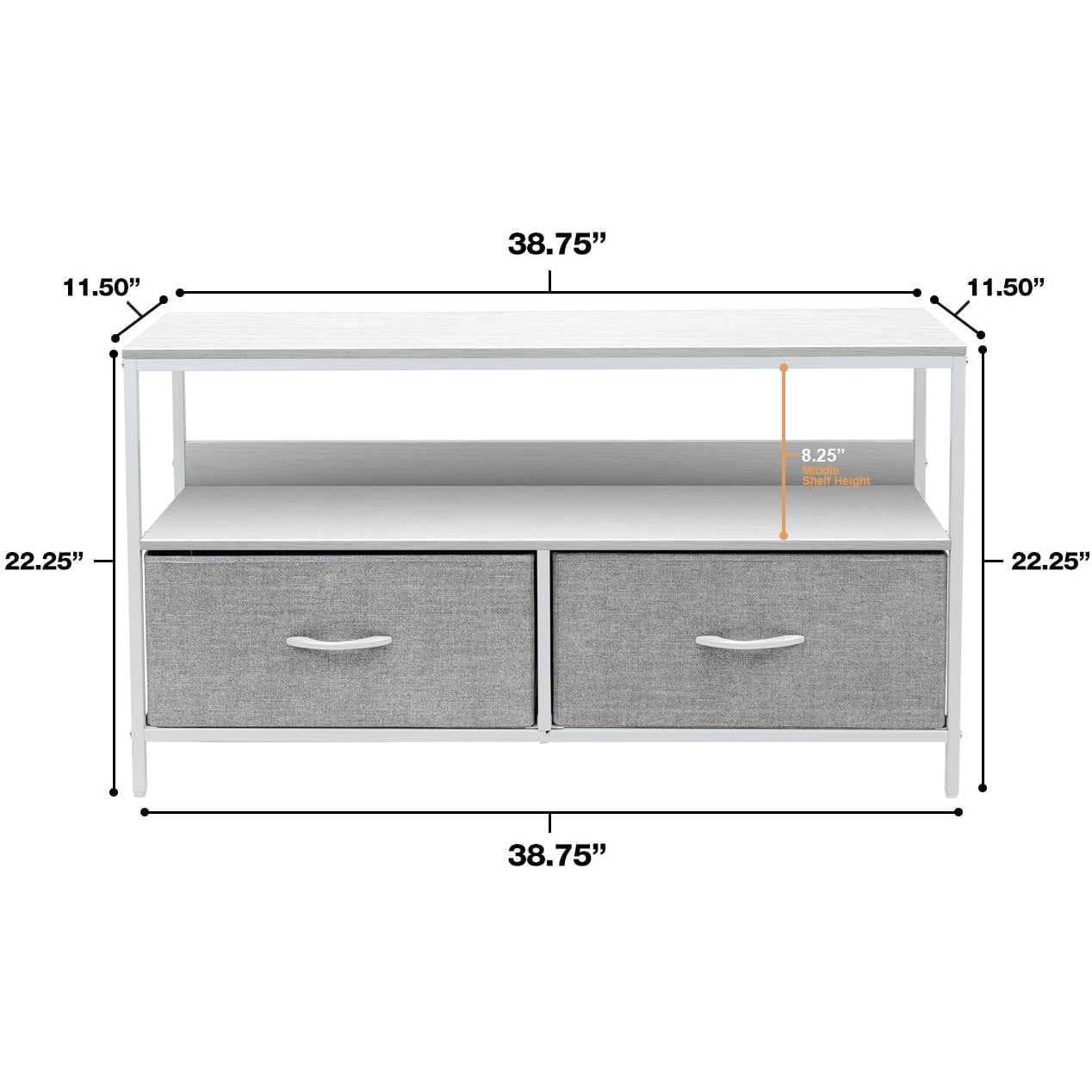 Sorbus TV Stand Cabinet Entertainment Center 25-50 Inch - Living Room Media Console Table, Steel Frame, Wood Top, Fabric Bins (White)