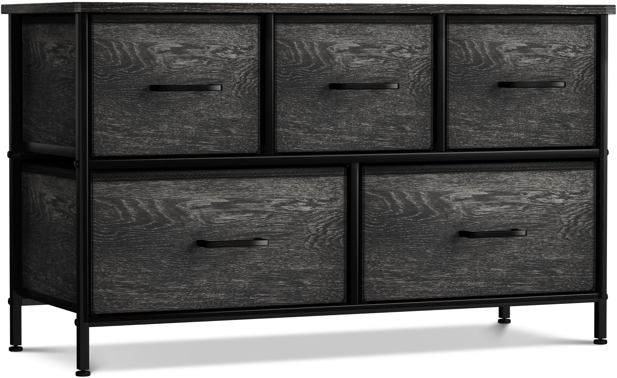 Black Fabric and Wood 5-Drawer Horizontal Dresser