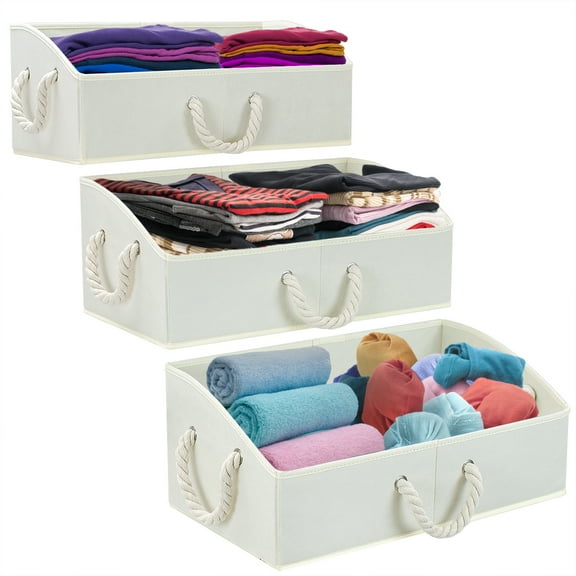 Sorbus Trapezoid Storage Bin Box Basket Set Foldable with Cotton Rope Carry Handles ? Great for Closet,Clothes, Linens, Toys, Nursery - Non-woven Fabric - (3 Pack, Beige)