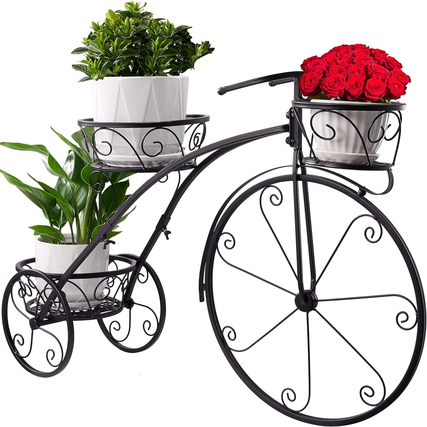 Black Wrought Iron Tricycle Plant Stand with Scroll Details