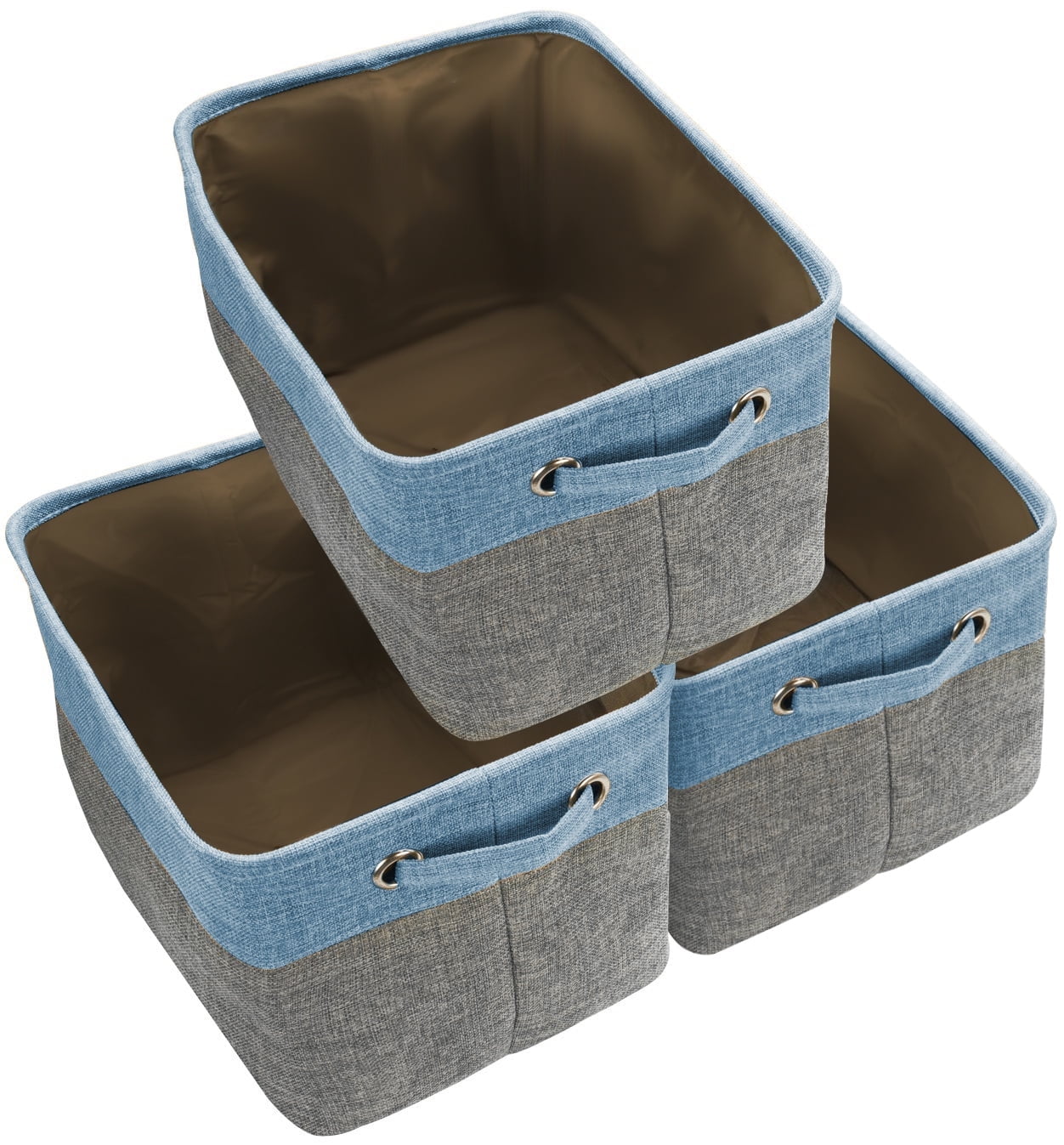 Aqua and Gray Fabric Collapsible Storage Bins with Handles, Set of 3