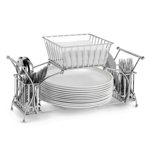 Sorbus Utensil Caddy – Stackable Flatware, Napkin & Plate Holder, Tabletop Organizer for Dining, Parties, Buffets & Entertaining, Silver