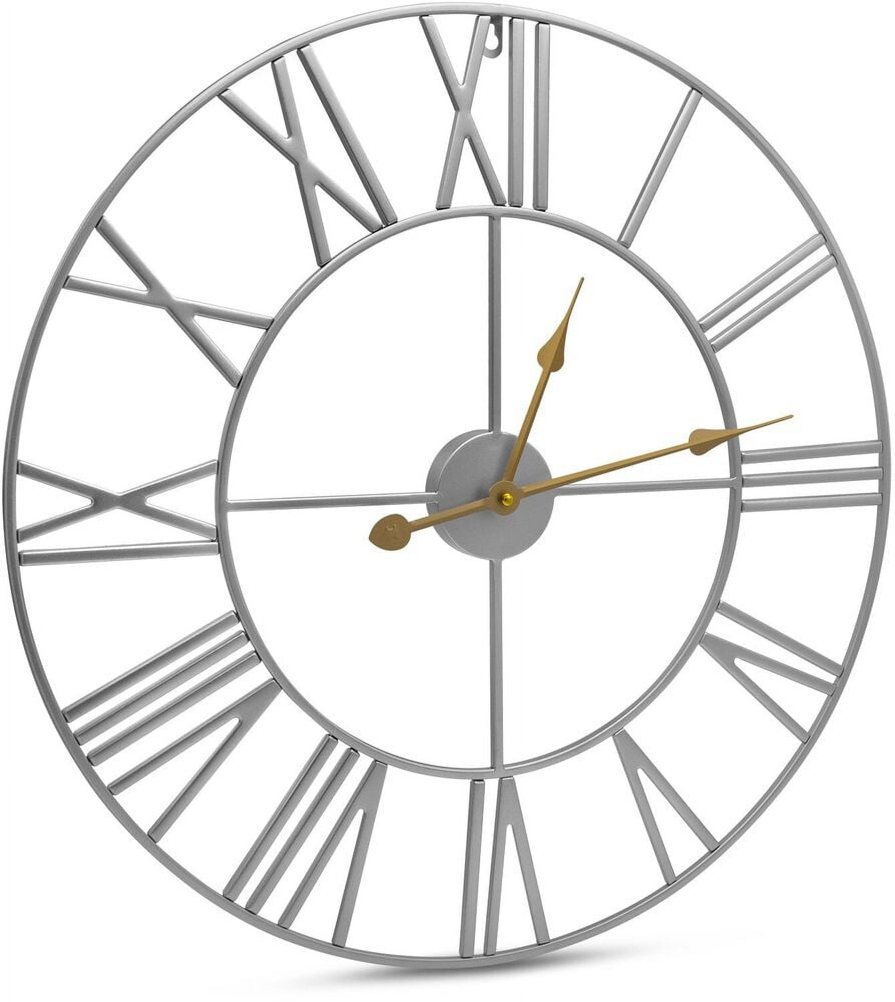 Oversized Silver Metal Roman Numeral Wall Clock