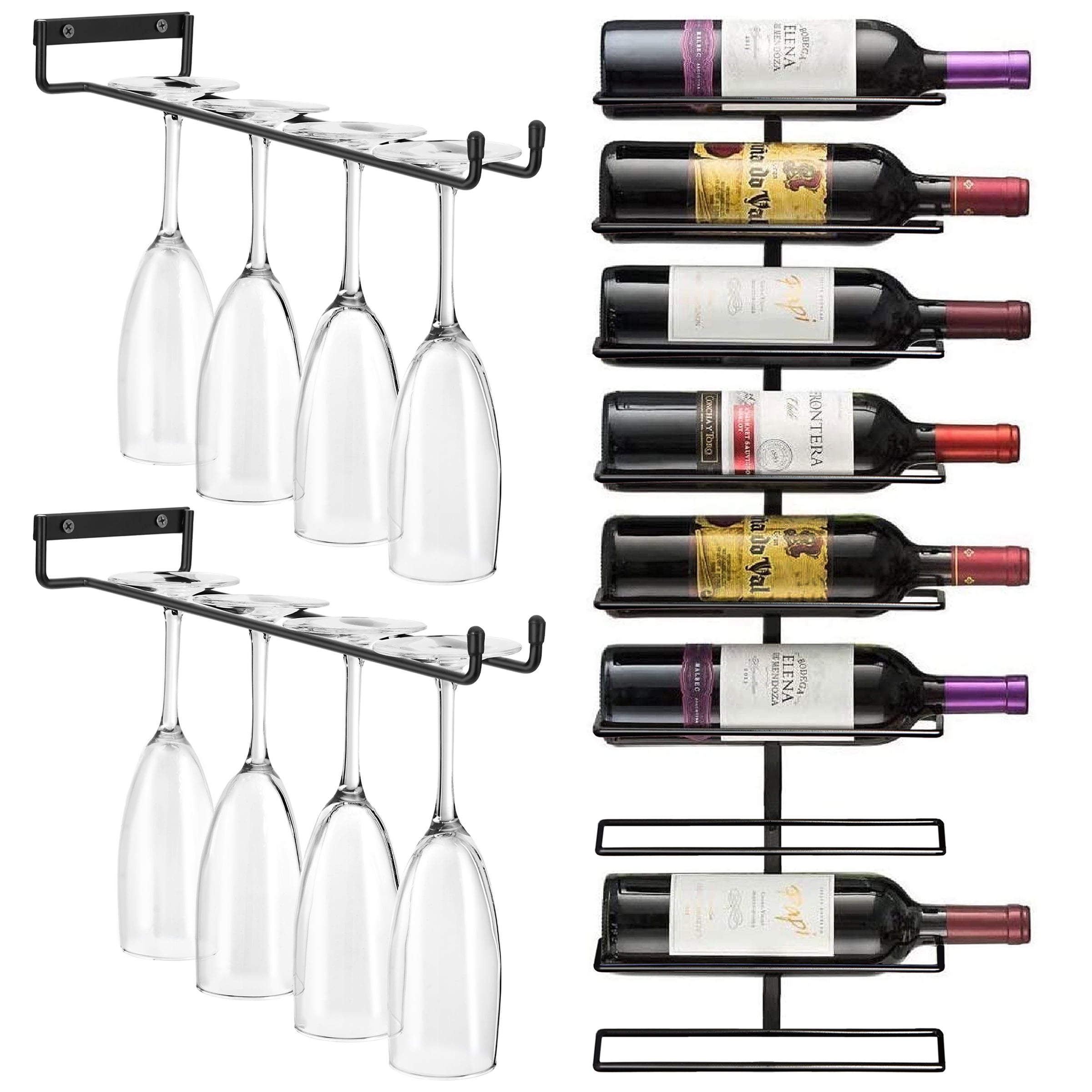 Sorbus Wall Mount 9 Bottle Wine Rack & 2 Pack Under Cabinet Wine Glass Holder Set, Black