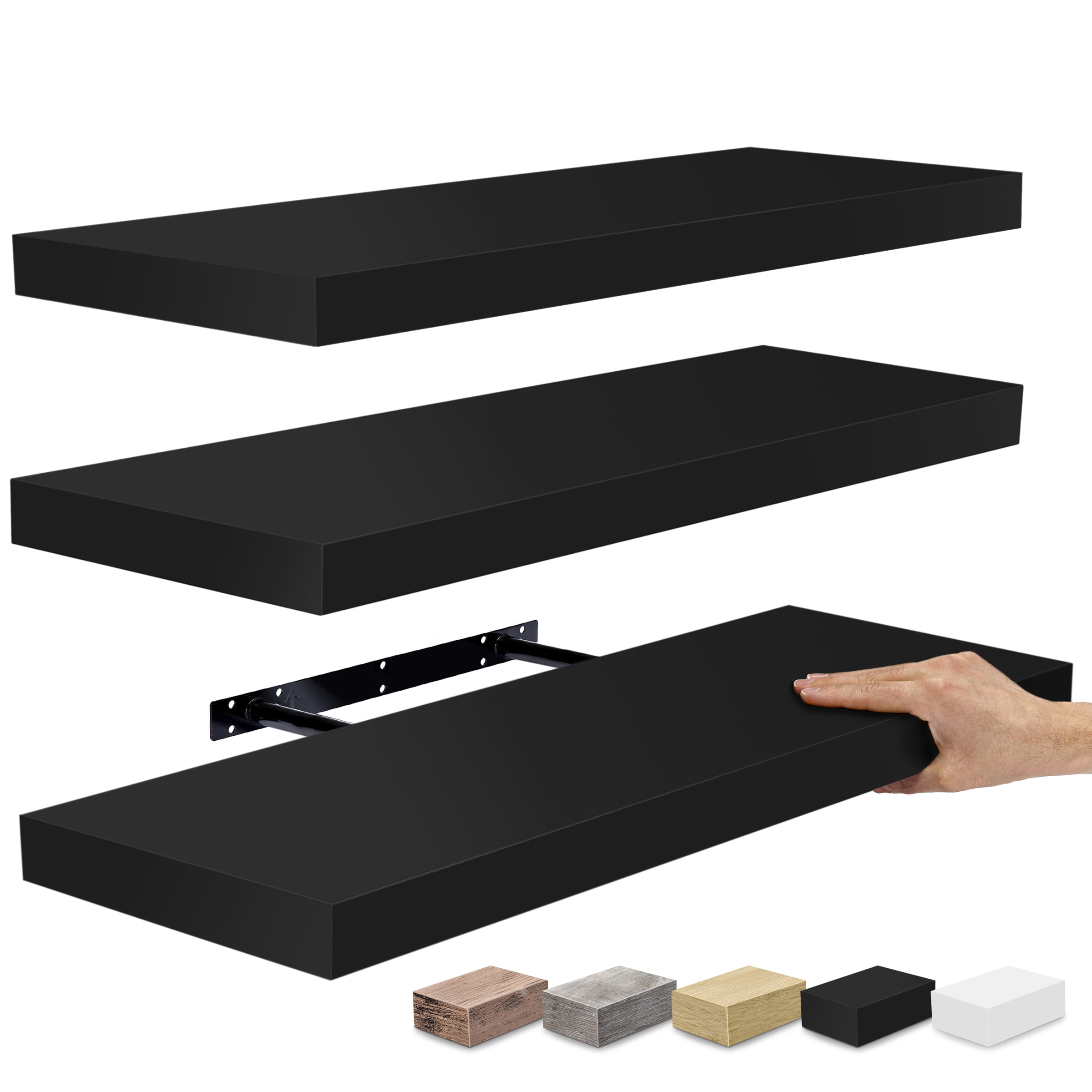 Black Faux Wood Contemporary Floating Wall Shelves, Set of 3