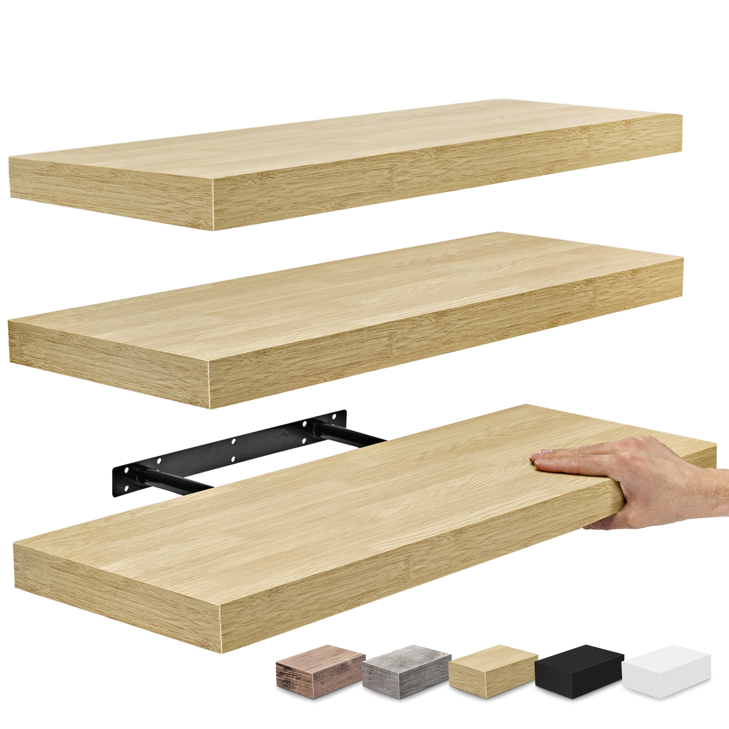 Maple Wood 24 Inch Floating Wall Shelves, Set of 3