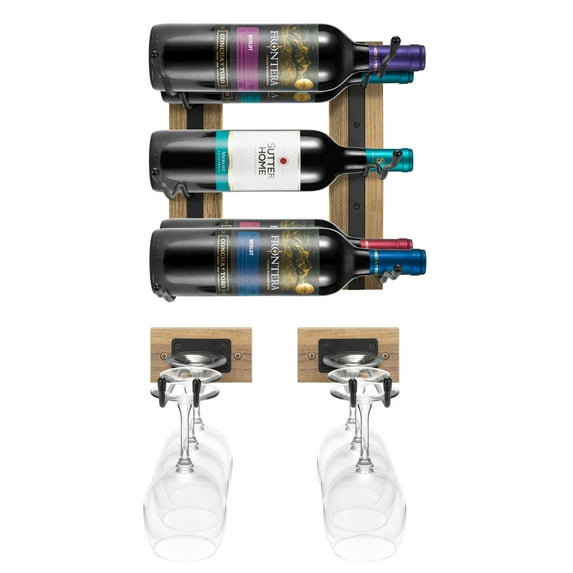 Sorbus Wall Mounted Wine Rack + Stemware Rack Set - Wire & Wood Wine Rack Wall Mounted for Bottles, Liquor, Champagne, Wine Glasses, Champagne Glasses for Home Bar