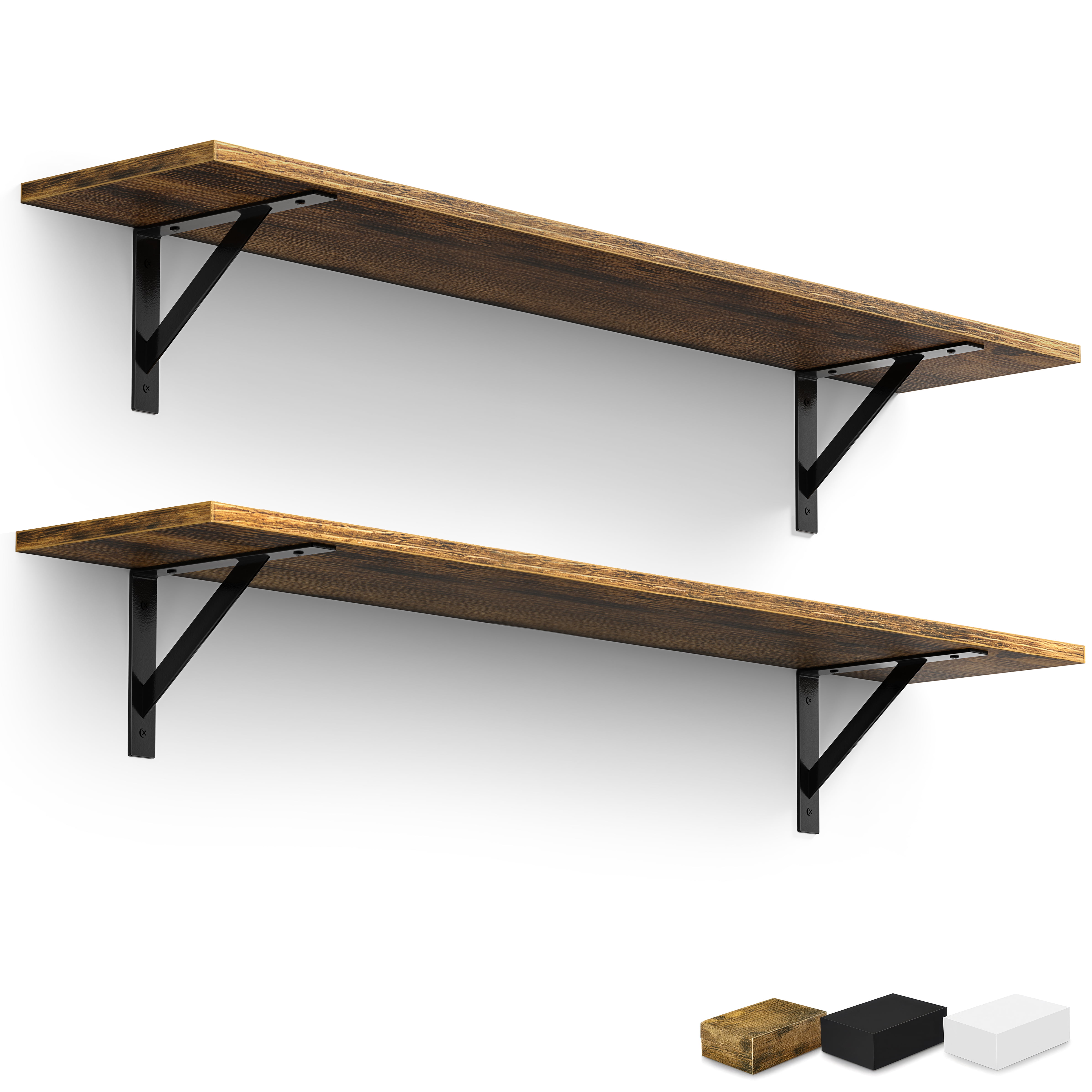 Sorbus 47.3 in Wood Wall Shelves with Black Metal Brackets, Brown, 2-Piece Set