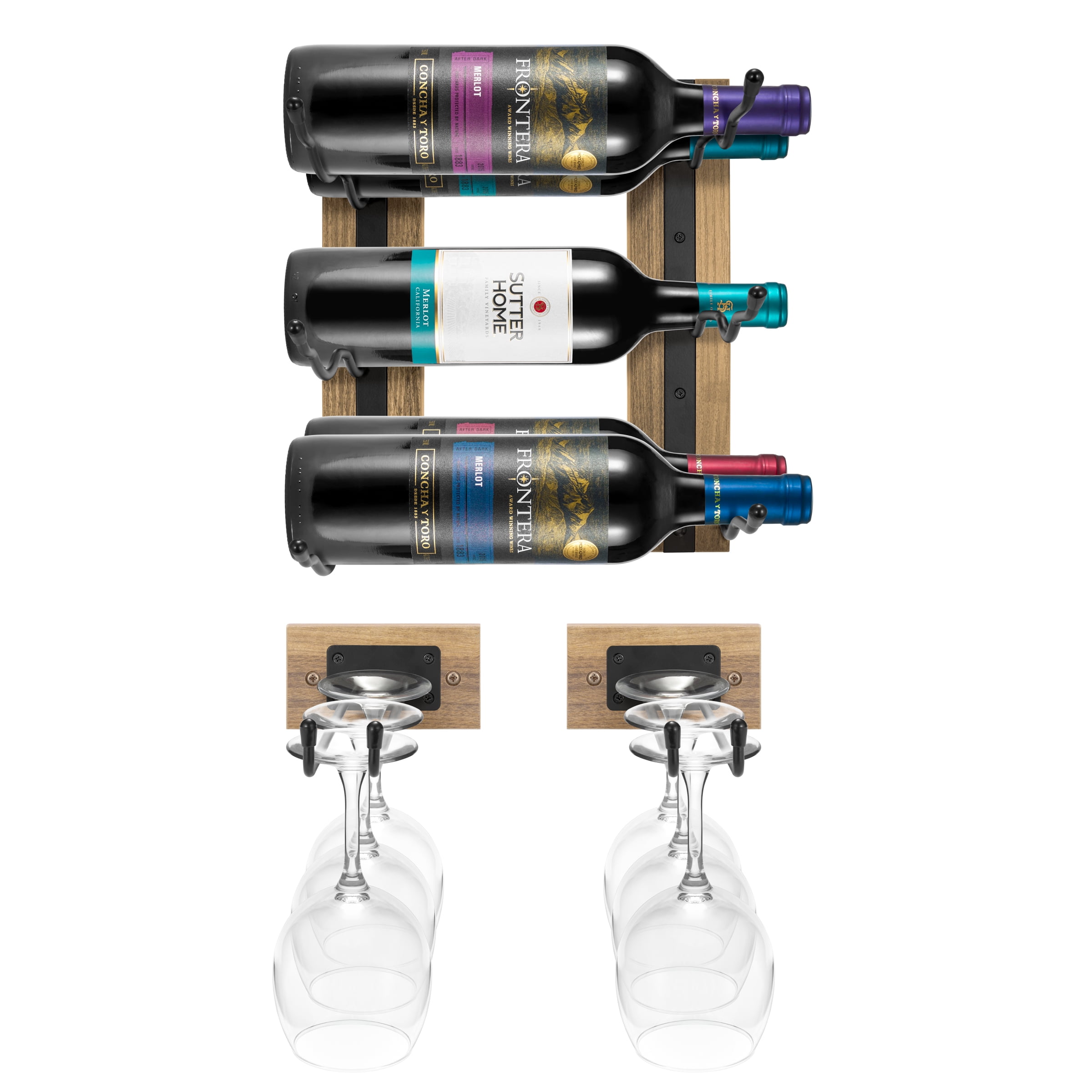 Sorbus Wall Wine & Glass Rack Set – Wood & Metal Holder for Bottles & Stemware, Mahogany Wood