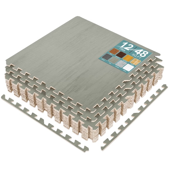 Sorbus Waterproof Wood Grain Foam Floor Tiles, 12 Tiles, 48 Sq Ft, Interlocking, Gray