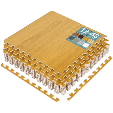Sorbus Waterproof Wood Grain Foam Floor Tiles, 12 Tiles, 48 Sq Ft, Interlocking, Light Grain