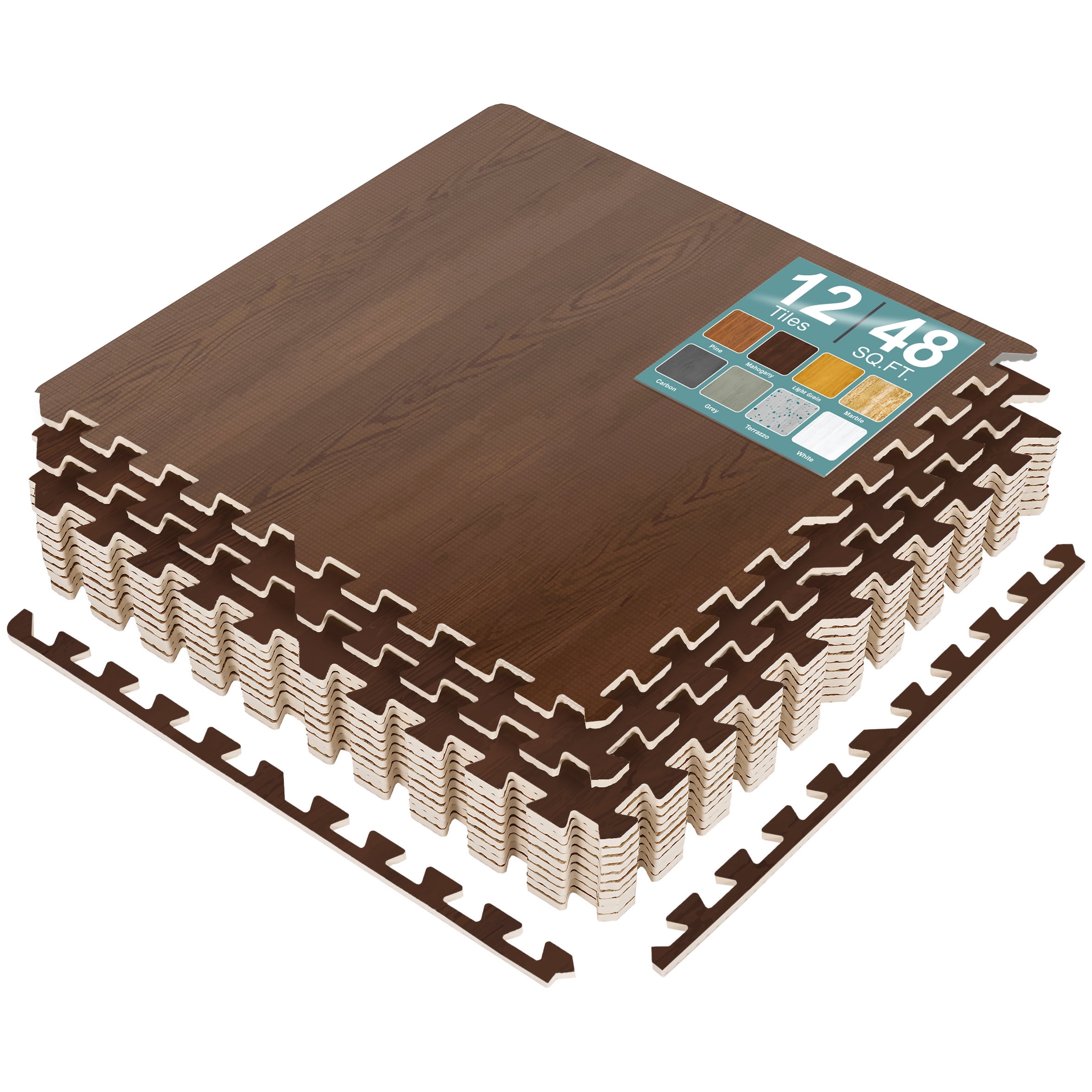 Sorbus Waterproof Wood Grain Foam Floor Tiles, 12 Tiles, 48 Sq Ft, Interlocking, Mahogany
