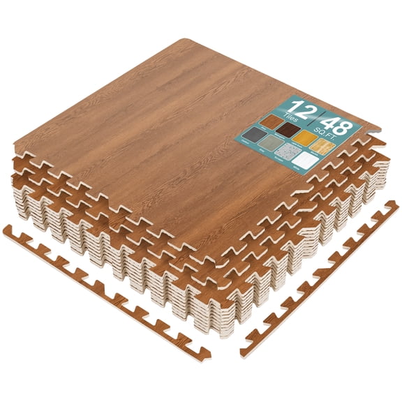 Sorbus Waterproof Wood Grain Foam Floor Tiles, 12 Tiles, 48 Sq Ft, Interlocking, Pine