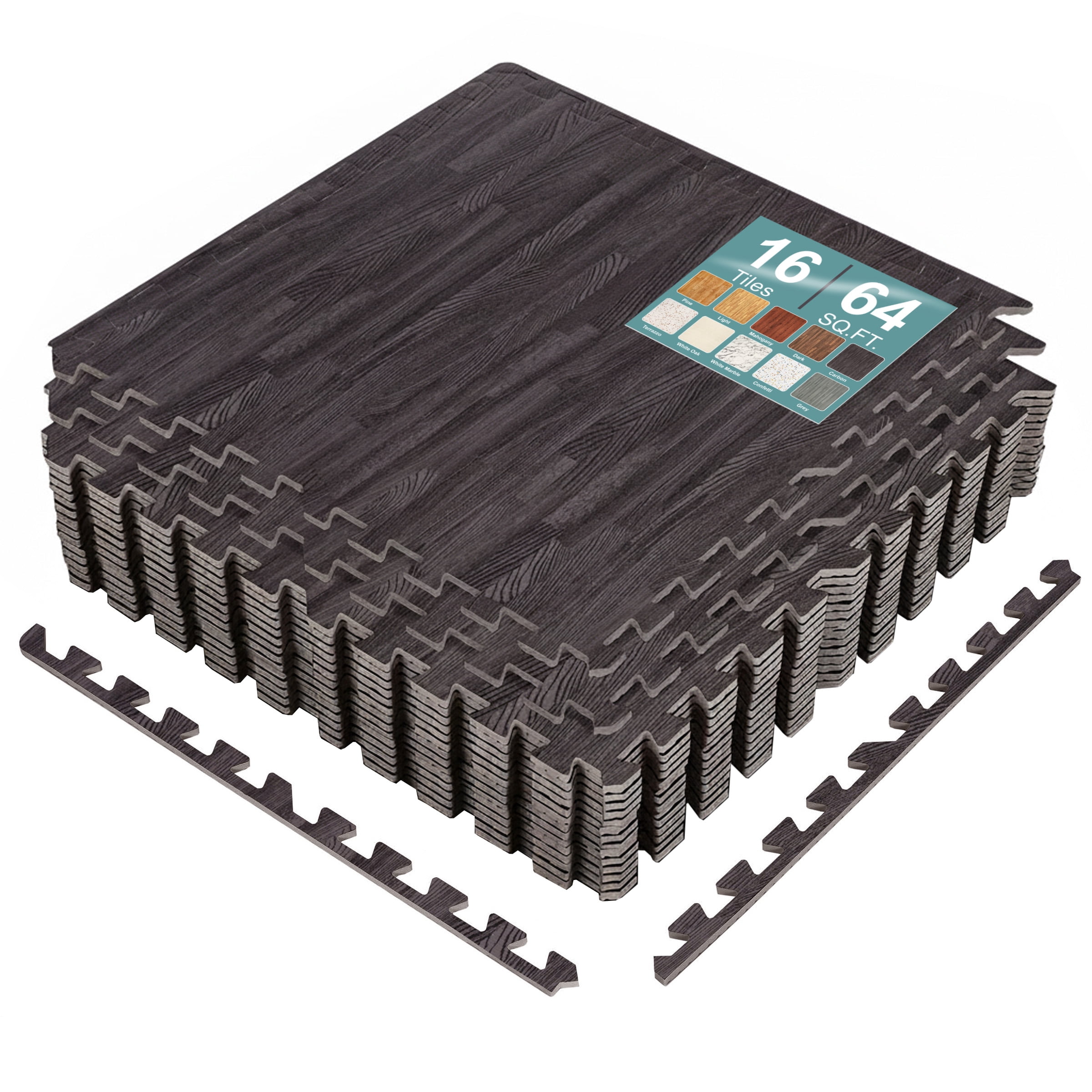 Sorbus Waterproof Wood Grain Foam Floor Tiles, 16 Tiles, 64 Sq Ft, Interlocking, Black Carbon