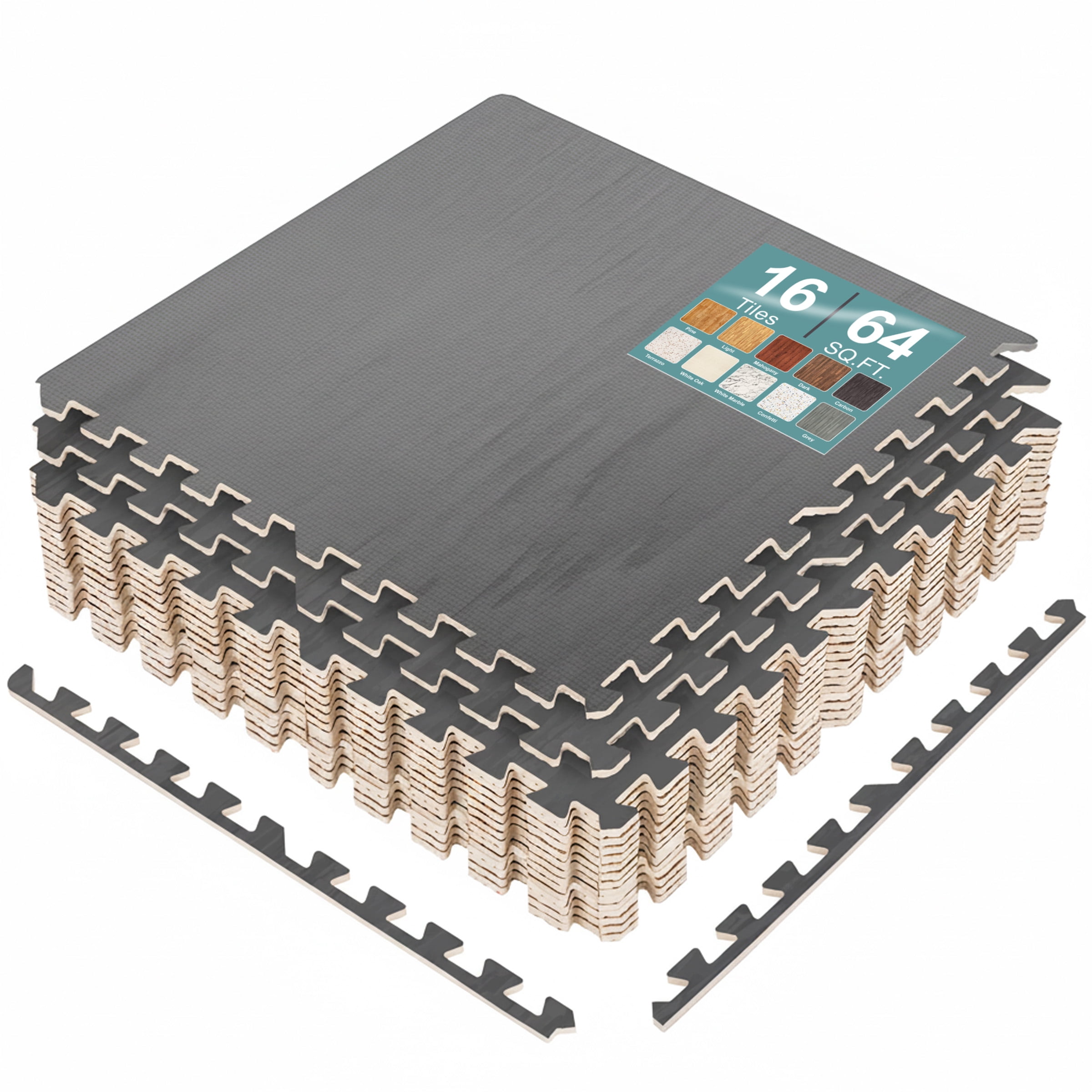 Sorbus Waterproof Wood Grain Foam Floor Tiles, 16 Tiles, 64 Sq Ft, Interlocking, Carbon
