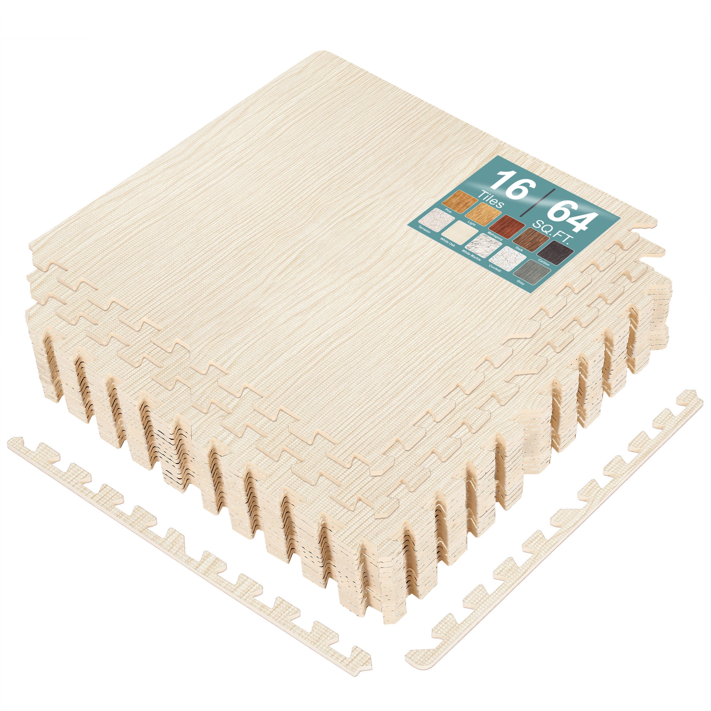 Sorbus Waterproof Wood Grain Foam Floor Tiles, 16 Tiles, 64 Sq Ft, Interlocking, Cream