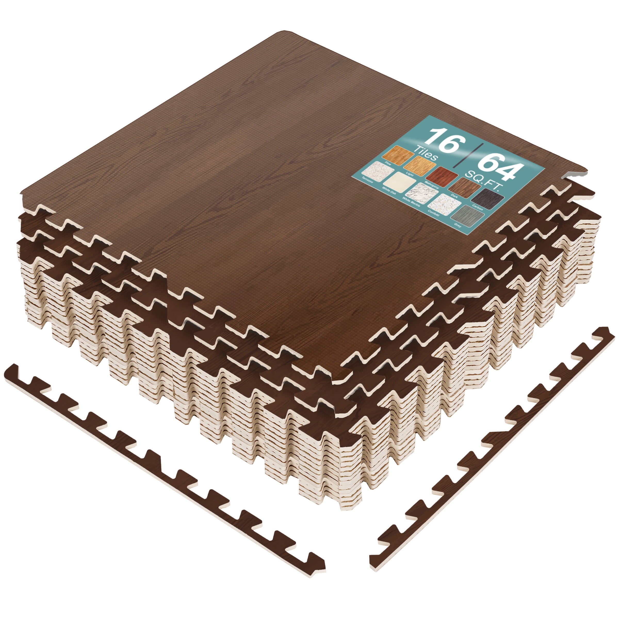 Sorbus Waterproof Wood Grain Foam Floor Tiles, 16 Tiles, 64 Sq Ft, Interlocking, Dark Mahogany