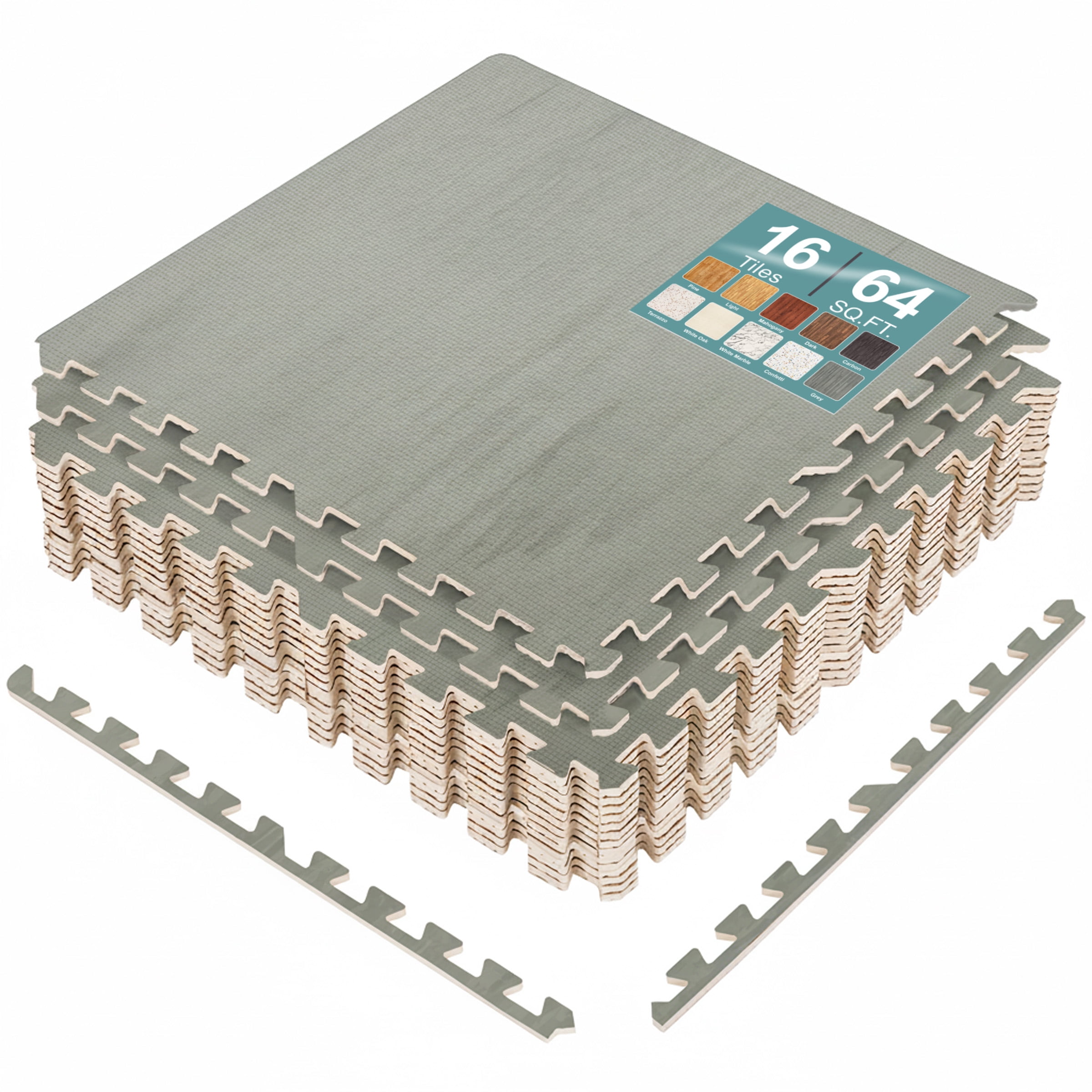 Sorbus Waterproof Wood Grain Foam Floor Tiles, 16 Tiles, 64 Sq Ft, Interlocking, Gray